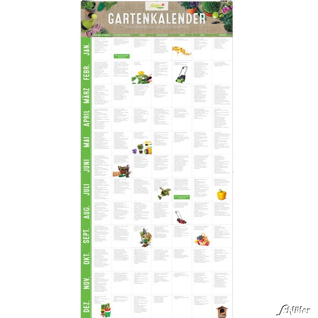 Gartenkalender 'Gartenarbeiten von Januar bis Dezember' auf einem Blick im Türformat